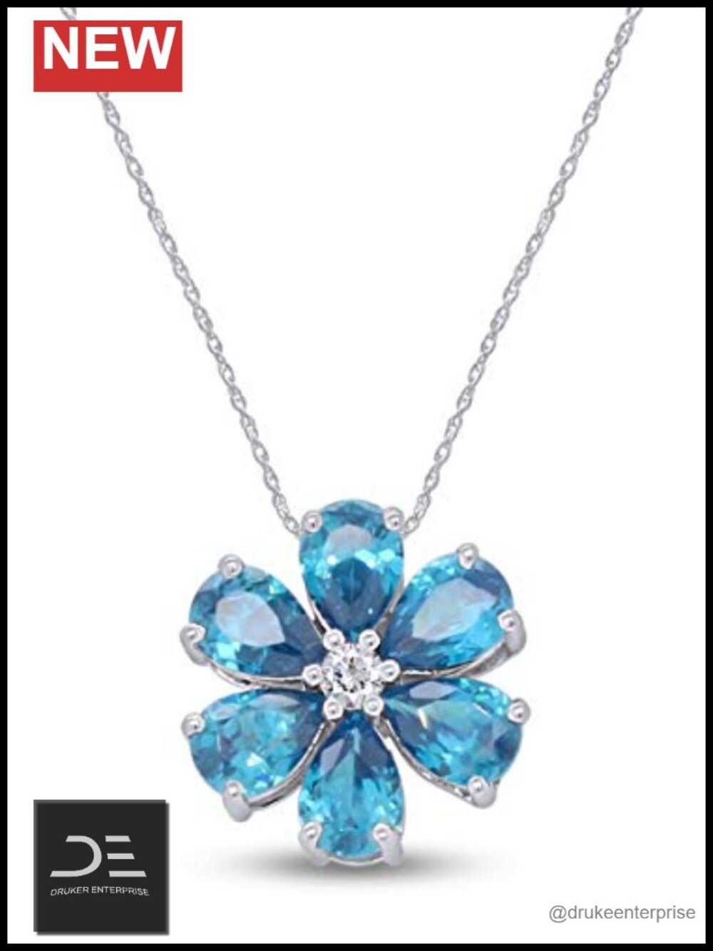 London Blue Topaz Flower Pendant Necklace 925 Sterling Silver White Gold Plated